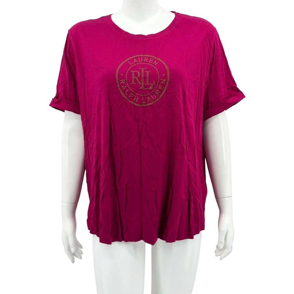 Lauren Ralph Lauren Top Women 3X Fuchsia Studded Crest Logo Casual Preppy Cotton